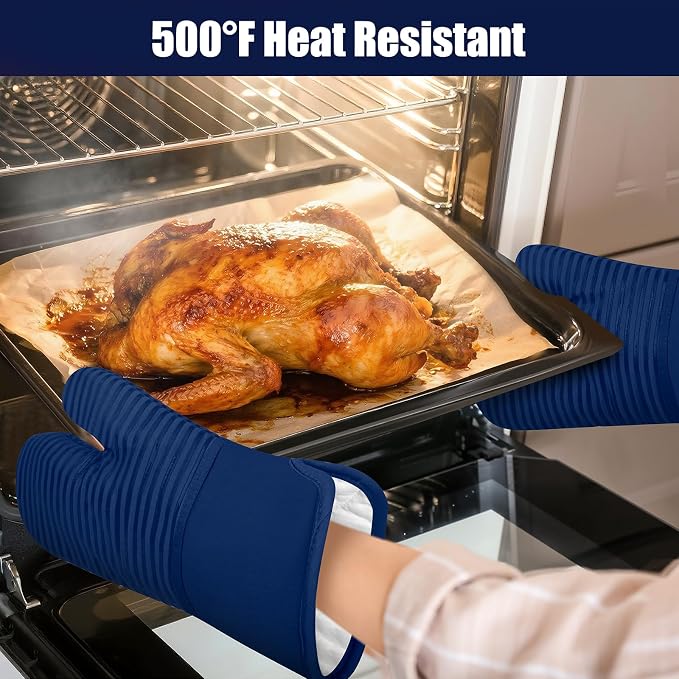 Oven Mitts and Pot Holder Sets with Silicone Grip, 500°F Heat Resistant-6 Pack Dishcloth/Dish Towels for Kitchen 100% Cotton-Value Kitchen Essentials for Cooking, Baking, Grilling-Marine Blue