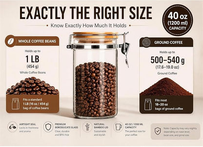 KKC HOME ACCENTS 40 oz Glass Coffee Airtight Canister with 1 TBSP Spoon, 1200ml Borosilicate Jar Holds 1 lb Coffee Beans, Airtight Bamboo Lid Storage Container for Grounds