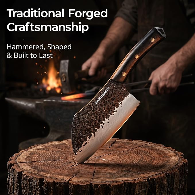Hand Forged Butcher Knife Set, 7" Meat Cleaver + 8" Chef Knife + 6" Viking Knife, Full Tang High Carbon Steel, Wooden Handle, Whetstone, Durable for Meat Cutting, BBQ and Outdoor Cooking