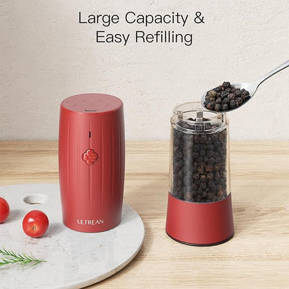 Ultrean Electric Salt and Pepper Grinder Set, USB-C Rechargeable, Salt and Pepper Shakers Spice Mill with 6 Adjustable Coarseness LED Light Larger Capacity, Kitchen Gadget, Gift for Women Mom, Red