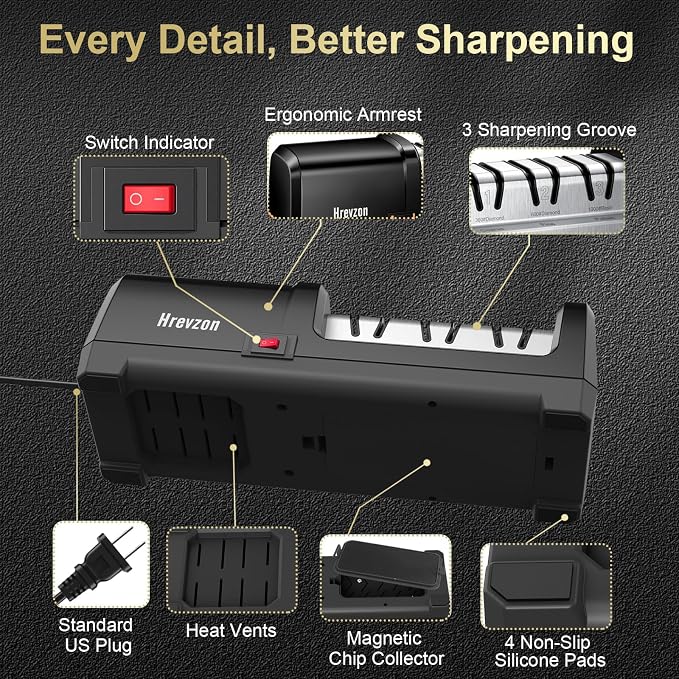 Knife Sharpener Electric for Kitchen Knives, with 100% Diamond Abrasives and Precision Angle Guides, 3-Stage Professional Automatic Quickly Sharpening/Polishing