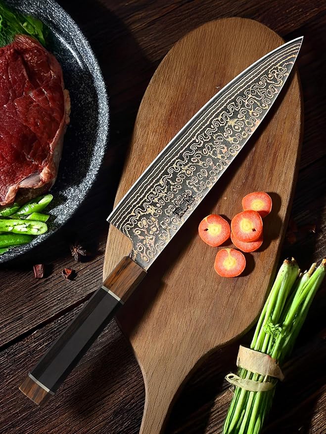 HOSHANHO Damascus Japanese Chef Knife 8 Inch, 33-Layer Copper & Damascus Steel Kitchen Knife, Ultra Sharp Professional Cooking Knives with Ergonomic Ebony Handle