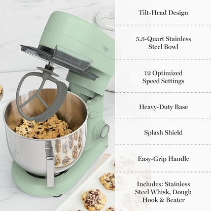 Martha Stewart 5.3Qt Stand Mixer, 12-Speed Tilt-Head Electric Kitchen Mixer with Stainless Steel Bowl, Dough Hook, Whisk & Beater, Splash Guard, Ideal for Baking Bread, Cake & Whipping, Honeydew Green