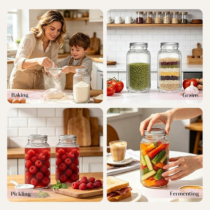 INSETLAN 64 oz Wide Mouth Glass Mason Jars, Set of 2, Ribbed Canning Jars for Sourdough Starter, Pickling, Fermentation, Sun Tea & Pantry Storage, Refrigerator Safe