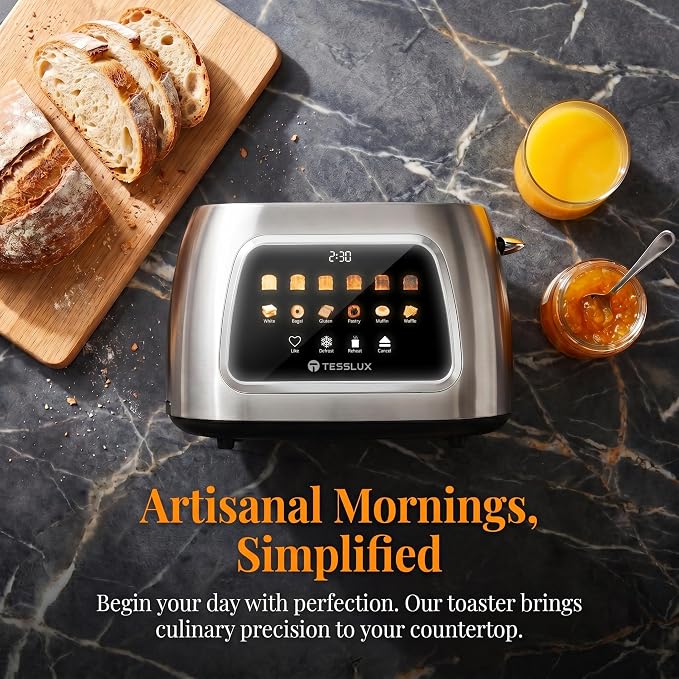 Tesslux 2 Slice Toaster with Touch Screen Control, 1.5" Wide Long Slots, 6 Browning Levels & 6 Bread Types, Digital Timer, Memory, Defrost, Reheat (Silver, 2 Slice)