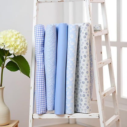 7Pcs Square Shape, Flower, Striped, Polka Dot Cotton Fabric Fabric for Sewing, 25x25cm Cotton Fabric Flower Polka Dot Bundle DIY Patchwork Quilt Cloth,Craft and Hobby Fabric (Blue)