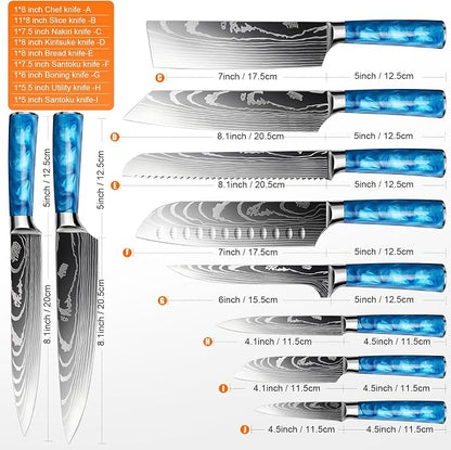 3-Piece Premium Japanese Kitchen Knife Set - Star Collection, Laser Damascus Pattern, 440A Stainless Steel Ultra Sharp for Fast Cutting (Blue 3J)