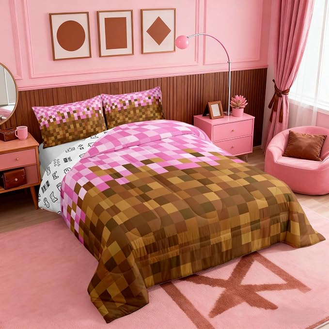 Manfei Pixelated Grid Full Size Comforter Set,Miners Building Bedding Comforters Bedroom Collection,Cartoon Gamepad Duvet Insert,Brown Pink Room Decor 3 Pcs Bedding Set for Girls Teens