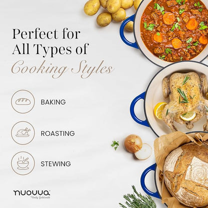 Cast Iron Pot with Lid-Non-Stick Ovenproof Enamelled Casserole Pot, Oven Safe up to 500° F-Sturdy Dutch Oven Cookware - Dark Blue, 5-Quart, 24cm by- Nuovva