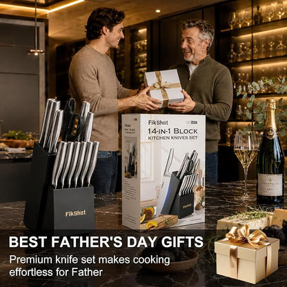 FIKSHOT Kitchen Knife Set, German Stainless Steel kitchen knives – Includes Knife Block Set & Sharpener, High Carbon, Rust-Resistant, Ergonomic Handle for Cooking, Grilling & Gifting