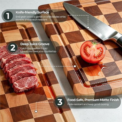 WILLKOMMEN Checkered Cutting Board for Kitchen– Wood Checkerboard Chopping Board Wooden Checker End Grain Cooking Board with Juice Groove & Handle Serving Board for Meat,Fruit,Bread,Vegetable