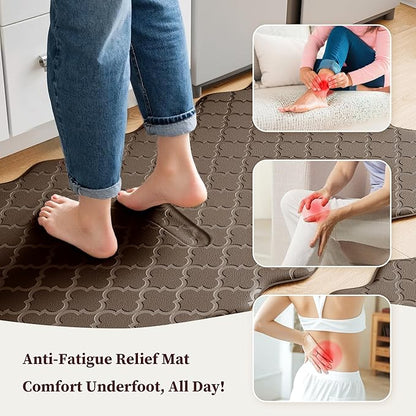 Arenarug Upgrade Scalloped Embossed Kitchen Mats for Floor 2PCS Cushioned Anti Fatigue Waterproof Foam Kitchen Rugs Non Slip Washable Comfort Standing Mat for Sink Laundry, 17.3"x30"+17.3"x59", Brown