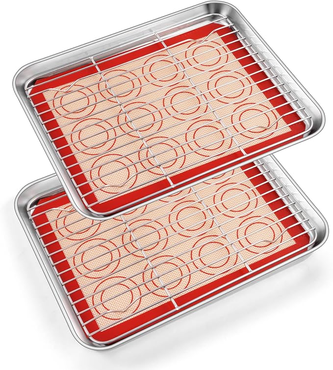 TeamFar Toaster Oven Tray, 10.5inch Stainless Steel Baking Sheet Pans Cookie Sheets for Baking with Cooling Rack & Silicone Baking Mat, 2 Pans + 2 Racks + 2 Silicone Mats, Non Toxic, Easy Clean