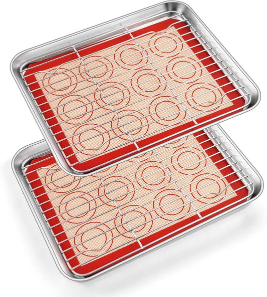 TeamFar Toaster Oven Tray, 10.5inch Stainless Steel Baking Sheet Pans Cookie Sheets for Baking with Cooling Rack & Silicone Baking Mat, 2 Pans + 2 Racks + 2 Silicone Mats, Non Toxic, Easy Clean