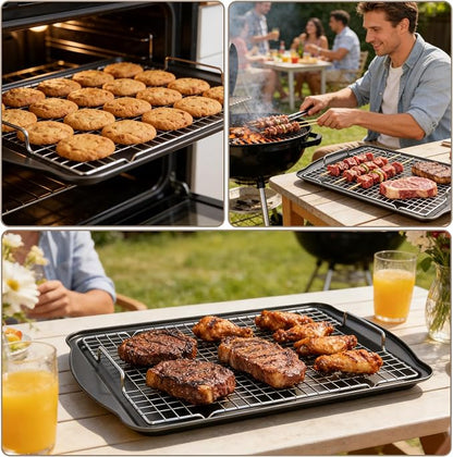 Baking Sheet with Rack Set, Carbon Steel Cookie Sheets for Baking, Multipurpose Cooking Sheet Pan, Cooling Rack, Nonstick Baking Pans, Dishwasher Safe, Size 17 x 12 x 0.8 Inches