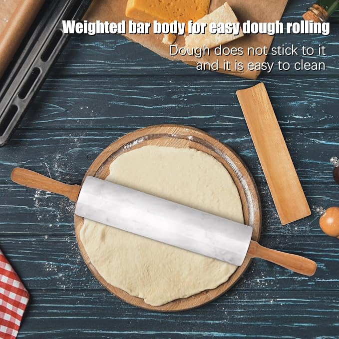 Marble Rolling Pin With Stand, 18.1-Inch Polished Non-Stick Stone Dough Roller With Wooden Handles for Baking Pasta, Pizza, Cookies, Pie Crust, Kitchen Pastry Tools (1, Light Grey, 18.1)