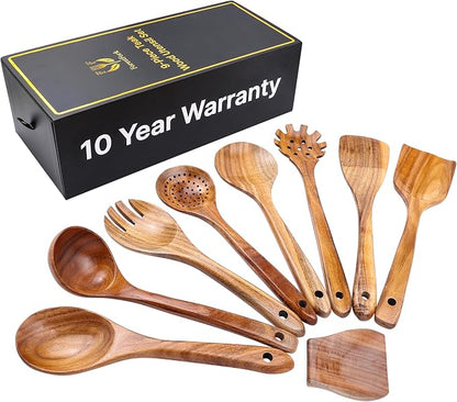 Wooden Kitchen Utensil Set, 9-Piece Teak Wood Cooking Spoons-Heat-Resistant, Non-Scratch, Durable Kitchen Tools, Perfect Cooking Gift