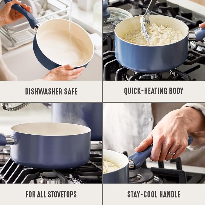 GreenLife 2 Quart Nonstick Saucepan with Lid, Non-Toxic Ceramic Pot, Dishwasher Safe, Stay-Cool Handle, Induction Ready, Fast Heating, PFAS Free, Easy Clean, Slate Blue