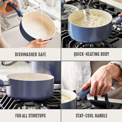 GreenLife 2 Quart Nonstick Saucepan with Lid, Non-Toxic Ceramic Pot, Dishwasher Safe, Stay-Cool Handle, Induction Ready, Fast Heating, PFAS Free, Easy Clean, Slate Blue