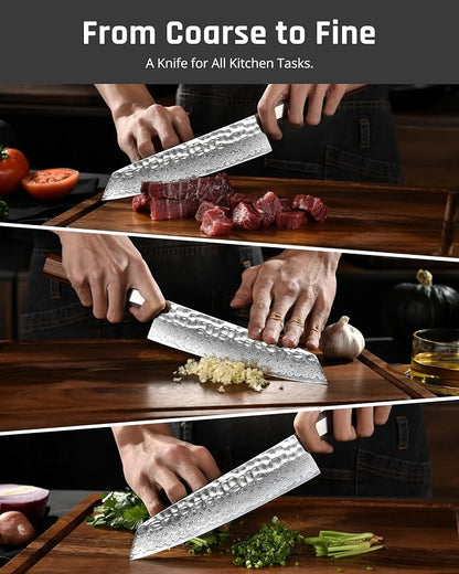 YOTSUBA 8 inch Japanese Kiritsuke Chef Knife, Hand Forged Damascus Kitchen Knife, 9Cr18MoV High Carbon Steel Knife, Professional Chefs Knife with Ergonomic Rosewood Handle