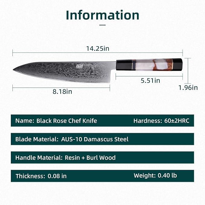 FINDKING 8 Inch Japanese Professional Chef Knife, Damascus Kitchen Blade for Sharp, Sturdy Cuts & Daily Cooking (BLACK-ROSE Series)
