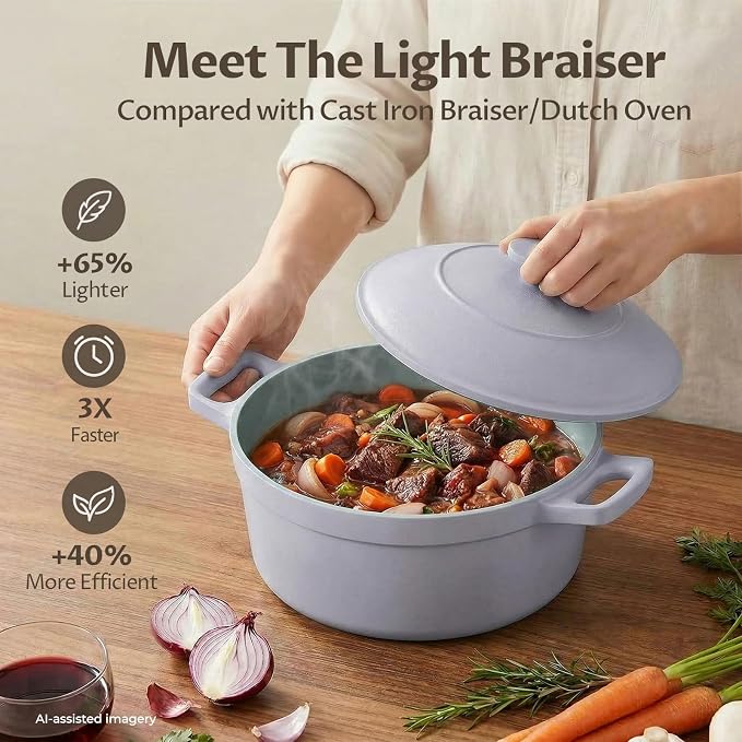 BEZIA 5.7 Quart Nonstick Ceramic Dutch Oven Style Stock Pot with Lid, Lightweight Die-Cast Aluminum Cooking Pot for Family Stew & Braising, Induction Ready Soup Pot, Oven Safe, Serves 3-5 People