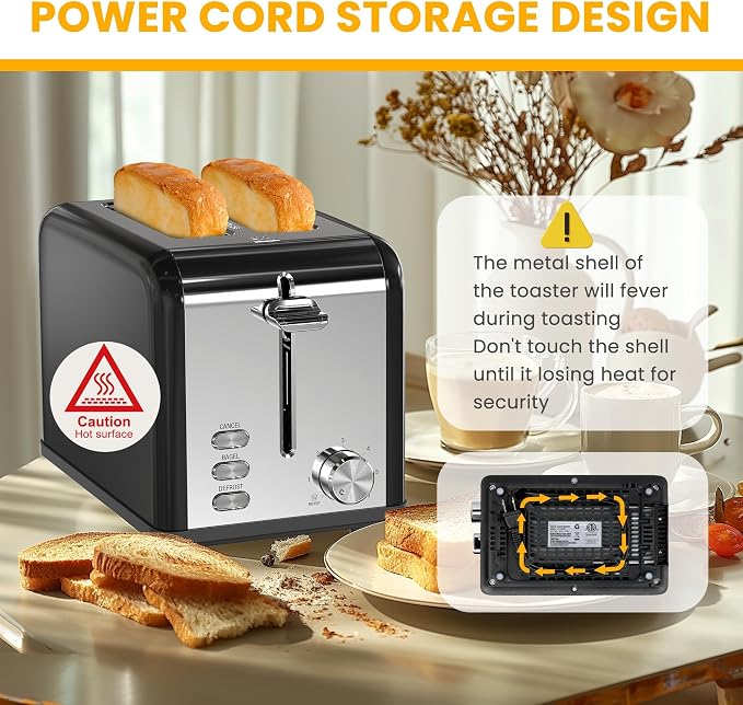 Simple Deluxe 2-Slice Toaster, 3 Function and 6 Browning Setting, Extra Wide Slot & Removable Crumb Tray, for Bread & Waffle, Black