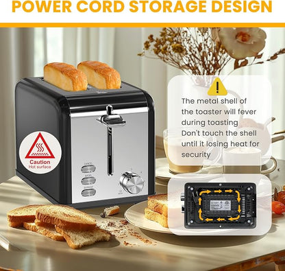 Simple Deluxe 2-Slice Toaster, 3 Function and 6 Browning Setting, Extra Wide Slot & Removable Crumb Tray, for Bread & Waffle, Black