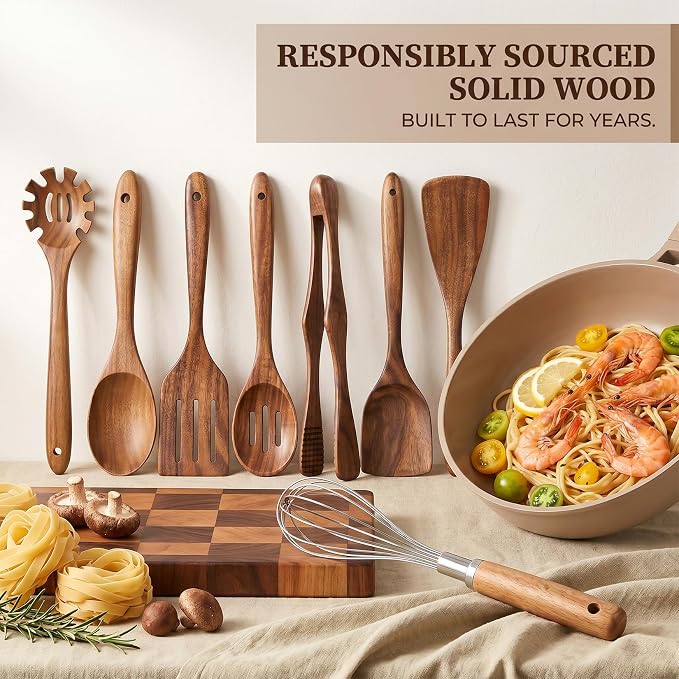 8 Pcs Wooden Kitchen Utensils Set, Natural Acacia Wood Utensils Set for Cooking, Durable Easy Clean Wooden Utensil Set with Acacia Wooden Spatulas and Spoons for Nonstick Cookware