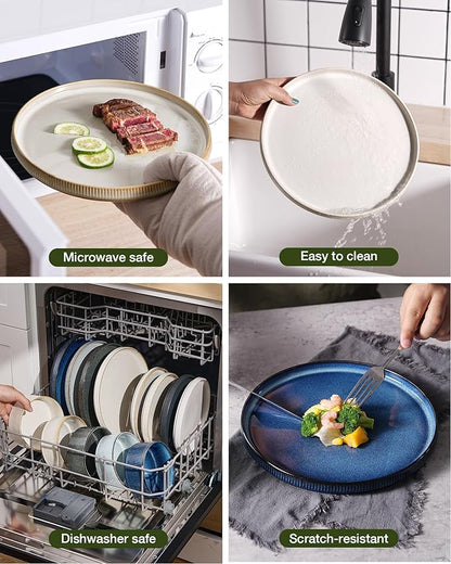 Famiware Star 12-Piece Stoneware Flat Plate Set for 6-10.5" Dinner Plates & 8" Salad Plates, High Edge Dinnerware with Trim, Chip & Scratch Resistant, Microwave & Dishwasher Safe, Cappuccino White