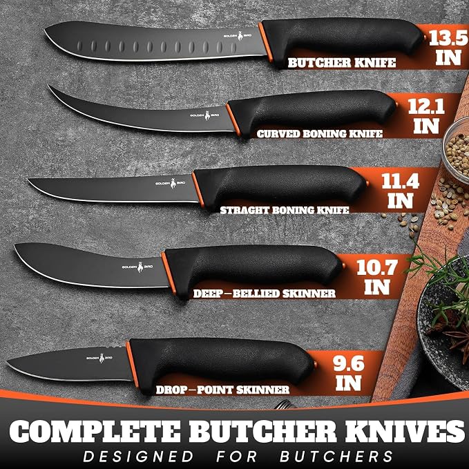 Golden Bird Butcher Knife Set - Non-slip Skinning Knife Set with Roll Bag, Professional Game Processing Knives Sets - Butcher & Skinning Boning Knives with German Stainless Steel, Gift for Men