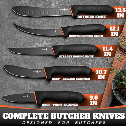 Golden Bird Butcher Knife Set - Non-slip Skinning Knife Set with Roll Bag, Professional Game Processing Knives Sets - Butcher & Skinning Boning Knives with German Stainless Steel, Gift for Men