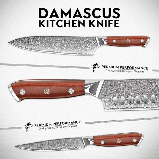Purple Dragon Damascus Knife Set - 3 PCS Kitchen Knife Set - VG10 Steel Japanese Chef Knives 8 Inch Santoku 7 Inch Paring Knives 5 Inch- Gifts for Men and Women
