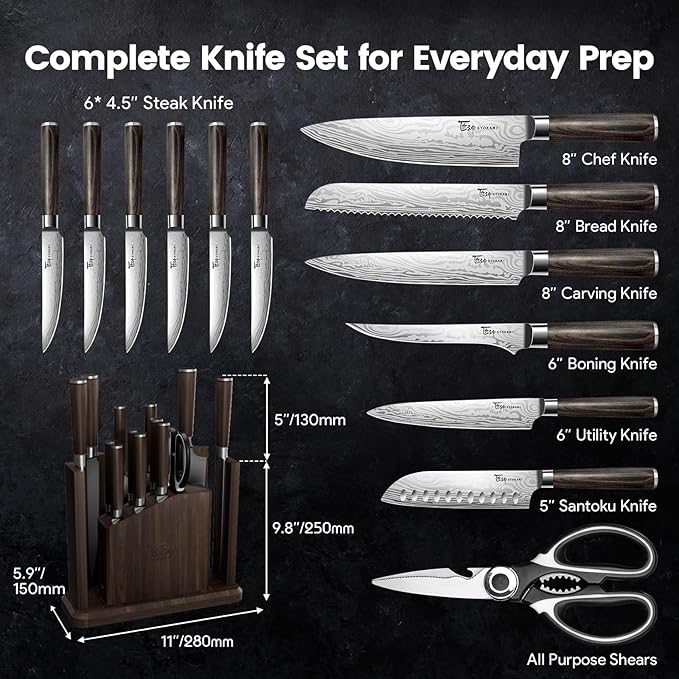 SYOKAMI 15-Piece Kitchen Knife Set with Magnetic Block, New for 2026, Detachable Steak Knife Block for Table Service, Built-In Sharpener, Wood Handle, Damascus Pattern, Housewarming Gifts