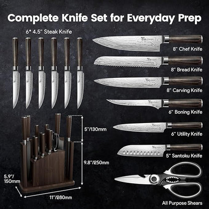 SYOKAMI 15-Piece Kitchen Knife Set with Magnetic Block, New for 2026, Detachable Steak Knife Block for Table Service, Built-In Sharpener, Wood Handle, Damascus Pattern, Housewarming Gifts
