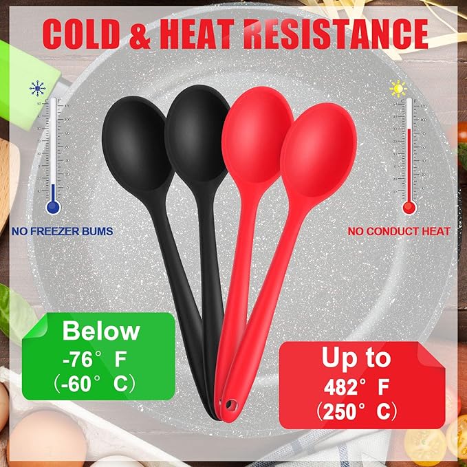 Patelai 4 Pieces Small Silicone Cooking Spoons 8 Inch Heat Resistant Silicone Serving Stirring Spoon for Kitchen Nonstick Cooking Tool Basting Utensils Dishwasher Safe(Red, Black)