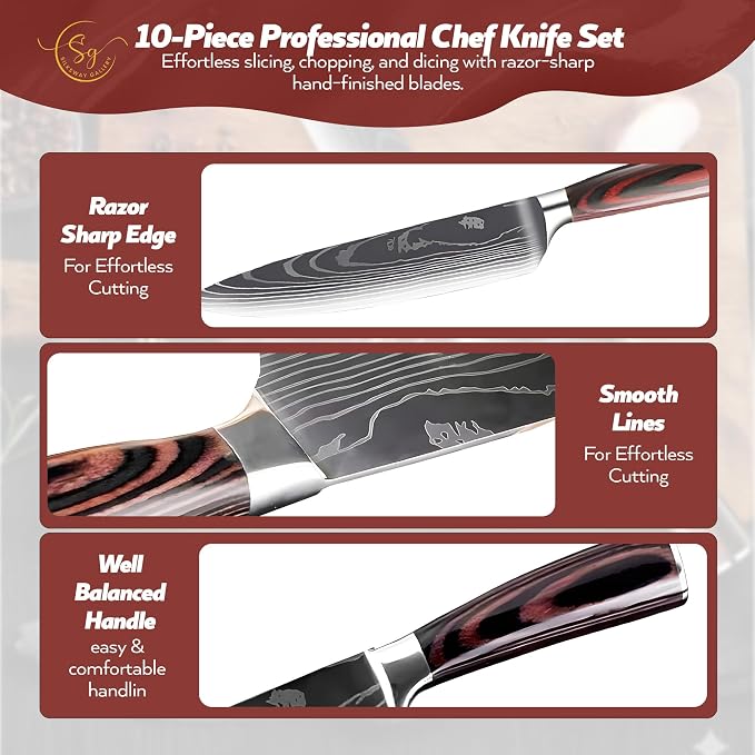 SG Silksway Gallery 10 PCS German Knife, High Carbon Stainless Steel Knife Set with Pakka Wood Handle, Built-in Sharpener, Chef Knife (10 PCS KNIFE SET)
