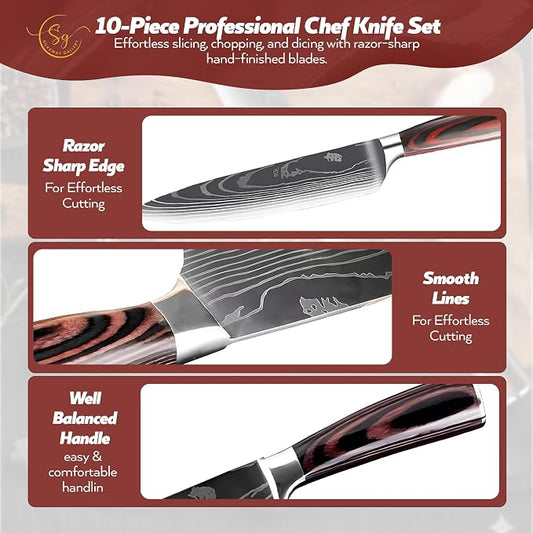 SG Silksway Gallery 10 PCS German Knife, High Carbon Stainless Steel Knife Set with Pakka Wood Handle, Built-in Sharpener, Chef Knife (10 PCS KNIFE SET)
