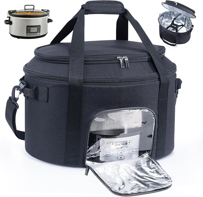 Double-Layer Slow Cooker Carrying Bag for 6-8 Quart CrockPot and Hamlton Beach Slowcooker, Travel Bag with Lid Fastener for Crock-pot, Portable Carrier with See-throught Window (BAG ONLY)