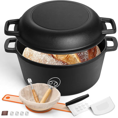 E-far 5QT Dutch Oven for Bread Baking, 2-IN-1 Cast Iron Pot with Skillet Lid & Sourdough Starter Kit, Bread Oven Pan with Baking Supplies for Frying, Braising, BBQ, Rust-Free & Heavy Duty