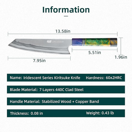 FINDKING 8 Inch Kiritsuke Chef Knife, Japanese-Style Kitchen Knife with 7-Layer 440C Clad Steel Blade, Colorful Stabilized Wood Octagonal Handle, Versatile for Slicing, Chopping, Dicing and Meal Prep
