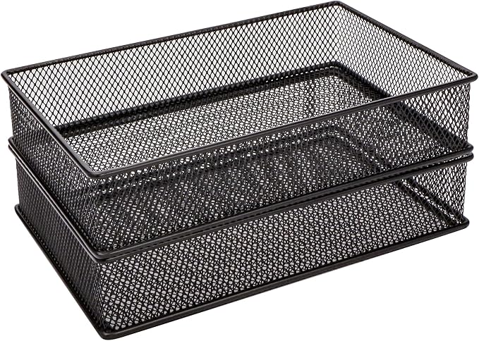 Annova Mesh Stackable Drawer Cabinet and Shelf Organizer Bins Storage Basket School Office Supply Holder Tray- Set of 2 (Black, 6x9x2 Inch)