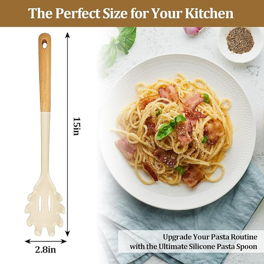 Silicone Pasta Spoon with Teeth Silicone Pasta Fork Wooden Handle Pasta Server & Spaghetti Scoop for Home Chefs, Pasta Enthusiasts