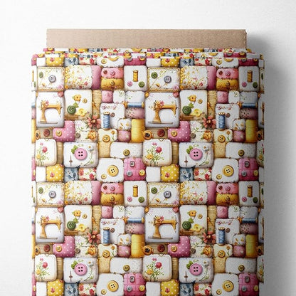 Vintage Sewing Notions Patchwork Cotton Fabric Panel 61 x 36.6 Inches, Buttons & Threads Quilt Print, Soft Pastel Multicolor Tones, 100% Cotton 140 GSM