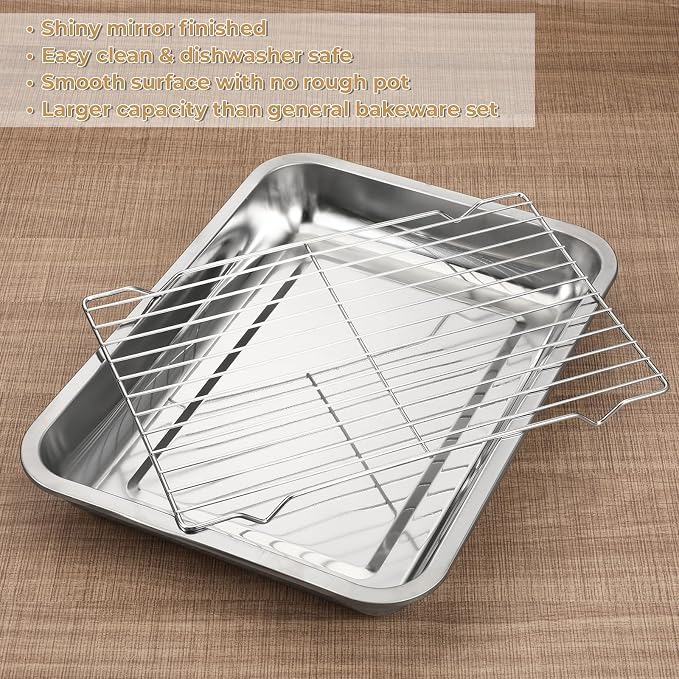 Quarter Baking Sheet Pan with Cooling Rack Set (2 Pans + 2 Racks), Stainless Steel Cookie Sheets Quarter Sheet Pan for Oven Baking, Warp Resistant & Nonstick, Size 14 x 10 x 1.8 Inch