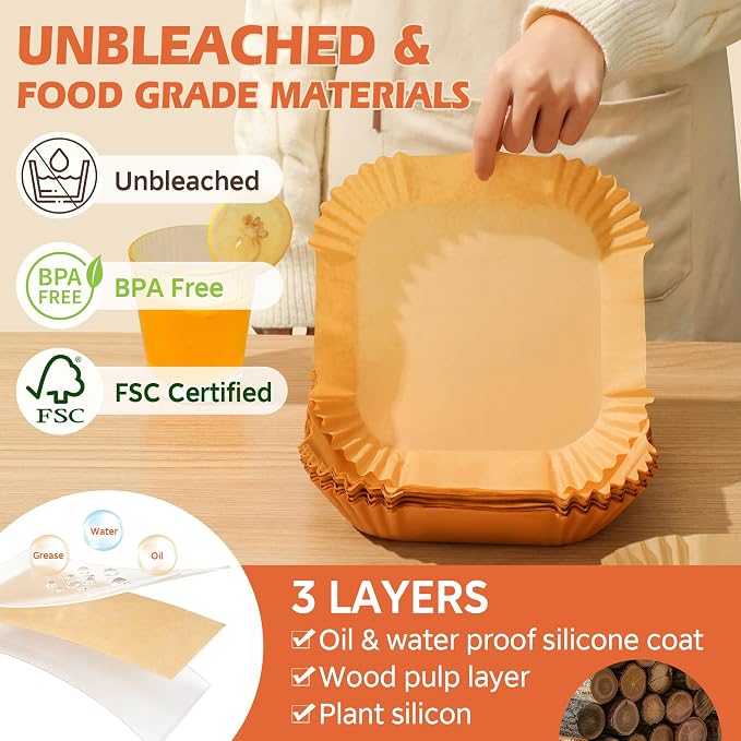 Air Fryer Liners Disposable, 125Pcs Parchment Paper, 8 Inch Non-stick Air Fryer Paper Liners, Unbleached Square Airfryer Liners for 5-8QT Air Fryer, Baking, Roasting Microwave