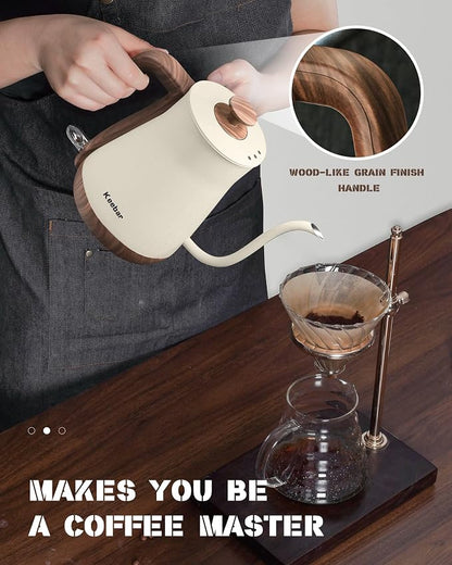 Gooseneck Electric Kettle Beige, 1000W Electric Tea Kettle Stainless Steel, Pour Over kettle for Coffee, Wood-like Grain Finish Handle, Hot Water Kettle, Auto Shut Off, 0.8L, Beige
