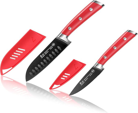 Cangshan S+ Series 1022131 German Steel Forged 2-Piece Titanium Coated Santoku Starter Knife Set with Sheaths, Jupiter Red