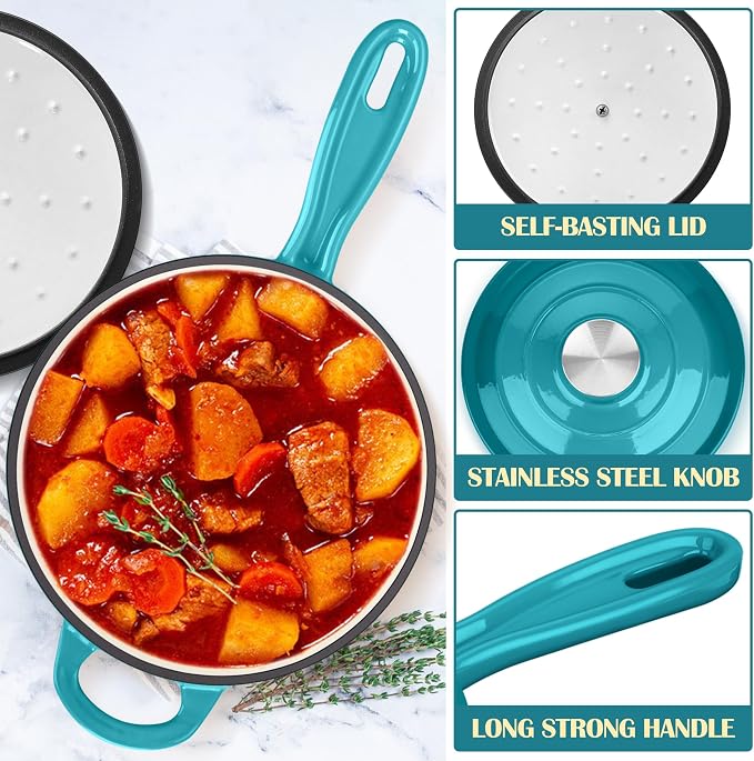 E-far Enameled Cast Iron Sauce Pan, 3 Quart Dutch Oven Saucepan with Lid, Small Sauce Pot for Cooking, Boiling, Healthy & Non Toxic, Induction & Oven Safe, Green