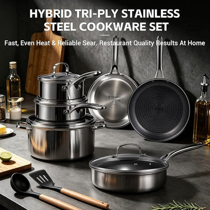 Ammeloo 17 Pcs Nonstick Stainless Steel Cookware Set, Hybrid Stainless Steel Pots and Pans Set Non Stick, Non Toxic Kitchen Cookware Sets, Dishwasher & Oven Safe, Induction & All Cooktop Compatible